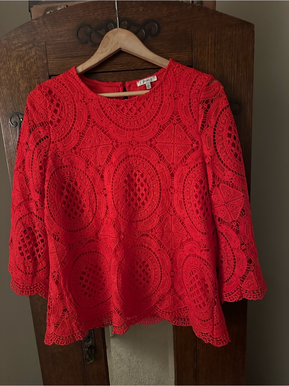 Jodifl Red Crochet Lace 3/4 Bell Sleeve Top Boho